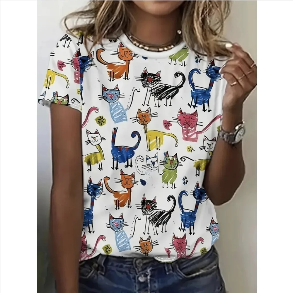 Colorful Cat Print Short Sleeve Shirt 2XL - Picture 3 of 8